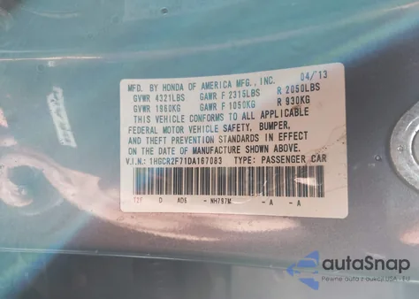 2013 Honda Accord Ex z USA, uszkodzony, nr VIN 1HGCR2F71DA167083